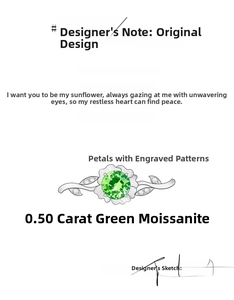 Original design sketch of 0.5ct green moissanite sunflower ring with silver vine band