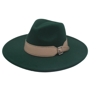 Close-up of wide-brim dark green wool fedora with beige leather belt buckle strap detail