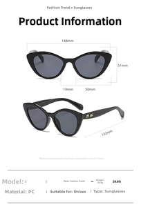 Detailed size chart for trendy cat-eye sunglasses with frame and lens measurements