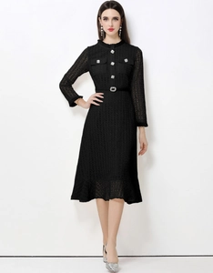 Elegante Abito Midi In Pizzo Nero In Stile Francese Maniche Lunghe Collo Alto Vestibilità Aderente Con Cintura Da Donna