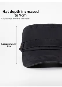 Detail view of the 9cm deep crown on this black washed cotton cadet cap for men