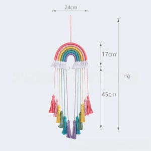 Detailed size view of handmade rainbow wall hanging with colorful tassels for boho decor