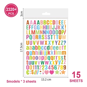 Detailed size specifications for 15-sheet colorful letter and number stickers set