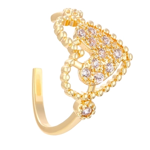 Vintage gold heart-shaped ear cuff with sparkling zircons and delicate beaded edges