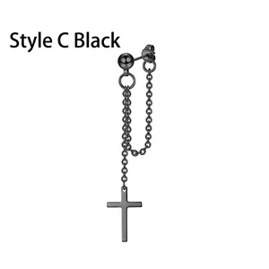 Gothic black stainless steel cross earrings with double chains and ball stud detail