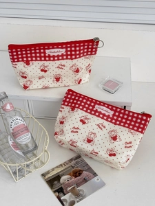 Waterproof PVC Makeup Bag Red Gingham Cute Cartoon Bear Cherry Print Cosmetic Storage Pouch Travel Toiletry Organizer