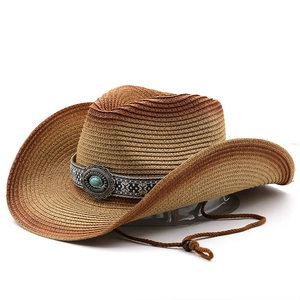 Chapeau de cowboy en paille style ethnique avec boucle turquoise et mentonnière
