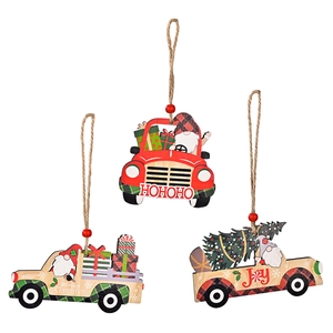 Set of 3 Christmas wooden truck ornaments with gnomes and Merry Christmas text