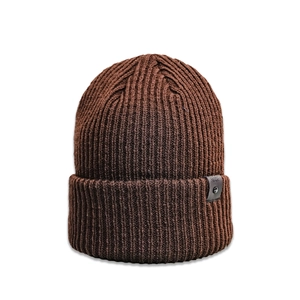 Detailed view of dark brown ribbed knit beanie with leather favorite patch and metal stud