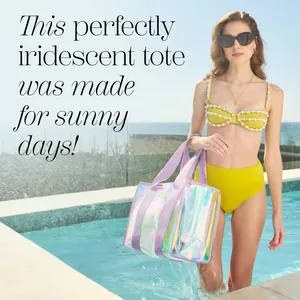 Iridescent PVC tote bag with purple straps for beach days and summer pool parties