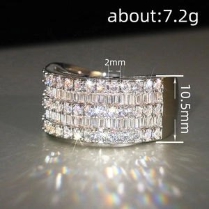 Sparkling wide pave-set zircon ring with multi-row stones, 10.5mm width and 7.2g weight