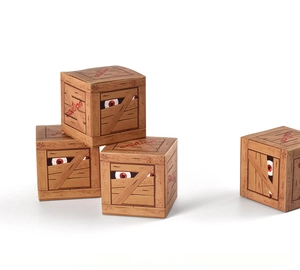 Halloween wood-grain candy boxes with spooky eyes and caution text in four-piece set