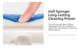 Detail of multi-layer bathroom sponge brush with soft blue fiber and white scrubbing layers