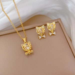 Elegant Gold Cat Bowknot Pendant Necklace Earring Jewelry Set For Women Titanium Steel Rhinestone Inlaid Banquet Jewelry