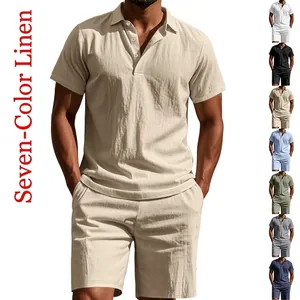 Men Summer Casual Outfit Linen Blend Polo Shirt And Shorts Breathable Beach Vacation British Style Short Sleeve