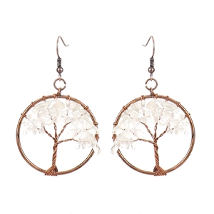 Detailed view of handmade copper wire tree of life earrings with white crystal stones