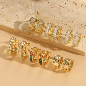 Vintage French Style Huggie Hoop Earrings Gold Plated Copper With Cubic Zirconia Geometric Hollow Jewelry For Women