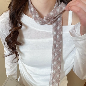 Close-up of elegant plaid mesh scarf necklace worn with white top