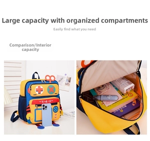 Detailed interior of robot backpack showing spacious storage for books and stationery