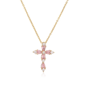 Elegant gold cross necklace with pear-cut pink diamonds and white crystal accents