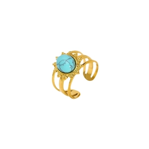 Vintage adjustable gold stainless steel ring with oval turquoise and sunflower motif