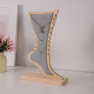 Necklace Display Stand Wood Foot Shaped Jewelry Organizer Rack With Velvet Surface Side Notches Countertop Showcase