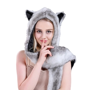 Faux fur animal hooded scarf 3-in-1 set with ears in grey and white color