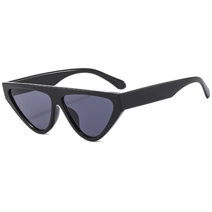 Fashionable black triangle cat-eye sunglasses with dark grey lenses on white background