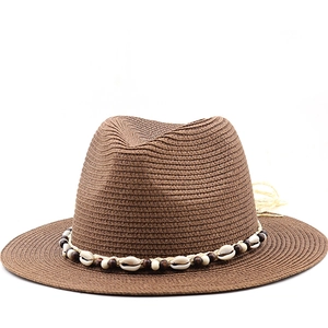 Women Straw Fedora Hat Bohemian Beach Sun Hat With Shells And Wooden Beads Wide Brim Breathable Vacation Panama Style