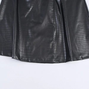 Women's black long PU leather trench coat with crocodile texture and waist tie