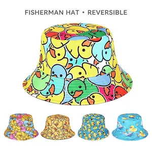 Bucket Hat Cotton Polyester Reversible Cartoon Duck Panda Print Summer Sun Protection Outdoor Fisherman Cap Unisex Casual