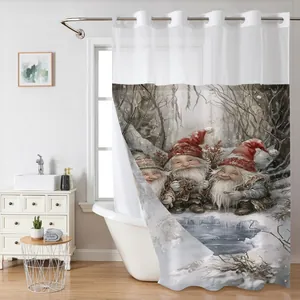 Detail of Christmas gnomes print on waterproof shower curtain with translucent top panel