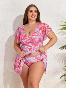 Plus size two-piece tankini swimsuit with tropical palm leaf print and V-neck ruffle sleeves