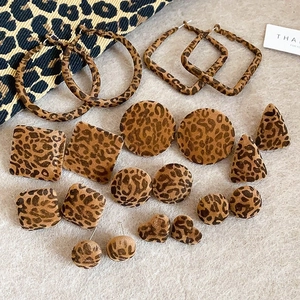 Flocculated leopard print geometric earrings set in heart round and square shapes
