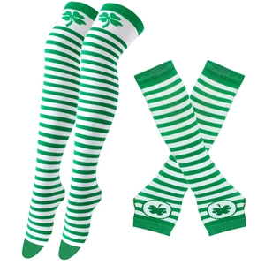 Detail of green and white striped clover over-knee socks and matching arm warmers