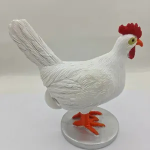 Creative white resin chicken night light lamp with realistic feathers and a round metal base