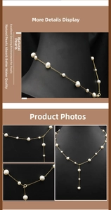 Detail of a Y-shaped gold freshwater pearl necklace on a black mannequin display
