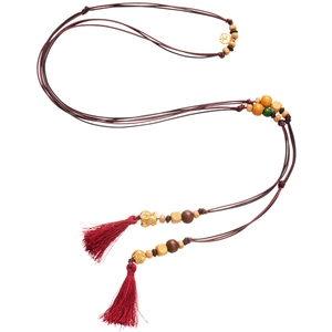 Ethnic wood bead tassel waist chain and necklace in deep red woven rope design