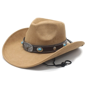 Brown western cowboy hat with turquoise beads and silver bull head buckle detail