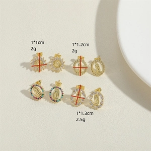 Zircon Virgin Mary gold stud earring set with sunburst and colorful gemstone borders