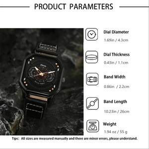 Detailed view of black square dial watch with leather strap on textured dark stone background