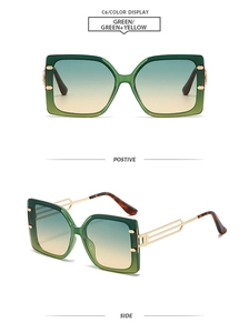 Detail of square gradient green sunglasses with golden openwork metal temples and C6 label