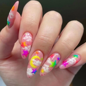 Press On Nails Almond Shape Translucent Pink Cloud Moon Star Pattern Rainbow Glitter Sweet Dreamy Style False Nails