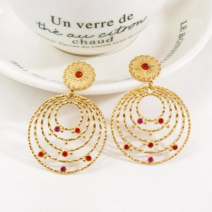Bohemian gold stainless steel tiered hoop earrings with colorful stones and sunburst studs