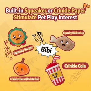 Squeaky plush dog toy set with hamburger, drumstick, and cola shapes for pet chewing