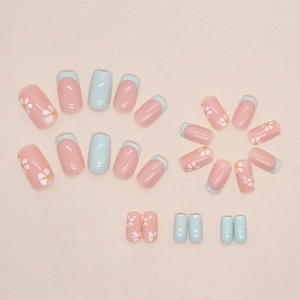 Square long press-on nails with blue and pink floral patterns and French tip designs