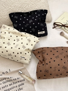 Borsa Per Trucco In Velluto A Coste Grande Capacità Cerniera Stampa Cuore Fiocco Organizzatore Da Viaggio Per Donne