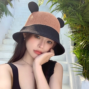 Cute two-tone knit bucket hat with animal ears in black and camel for sun protection