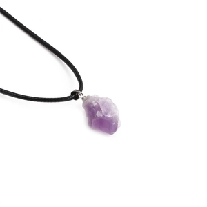 Natural raw amethyst crystal pendant necklace with adjustable black wax cord cord
