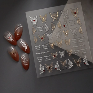 Golden butterfly nail stickers with red crystals and inspirational english quotes Co-148